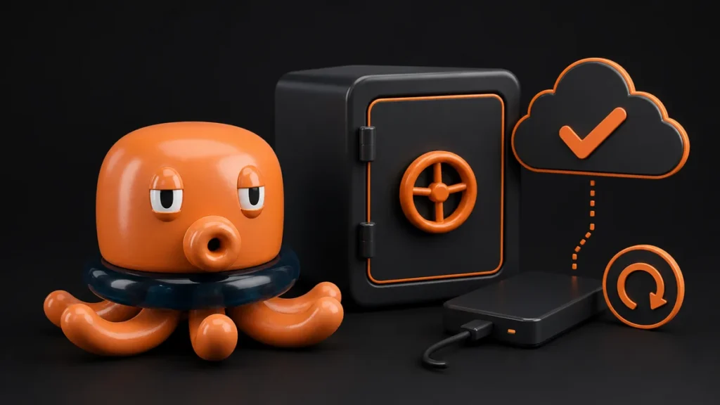 Polipetto MeKraken con checklist backup aziendale minimal