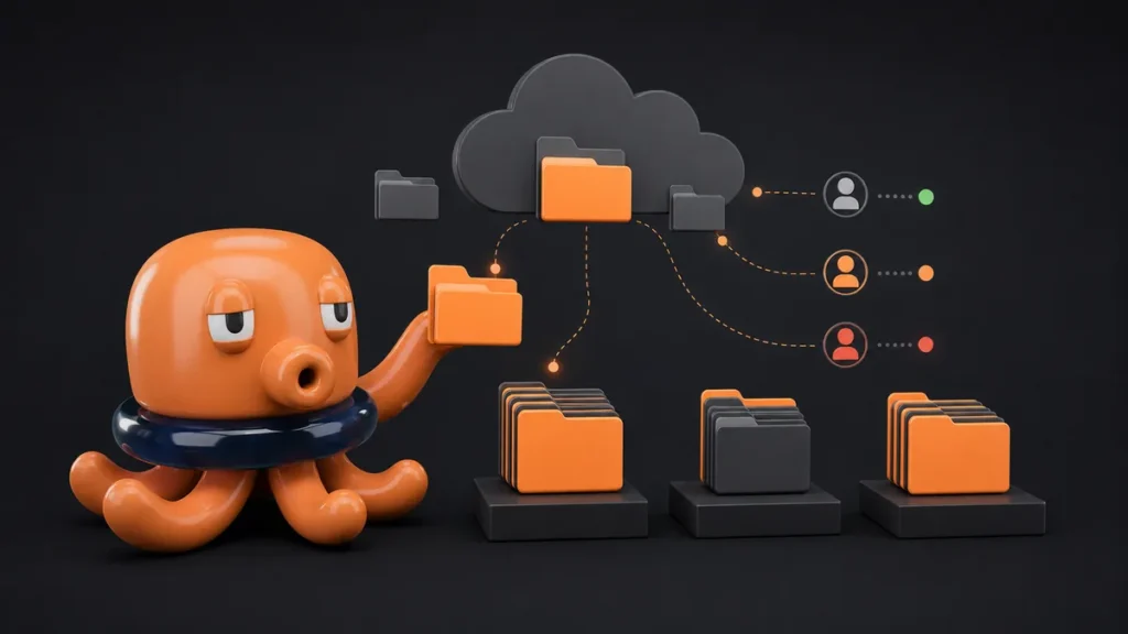 Polipetto MeKraken con cloud minimal e documenti digitali ordinati