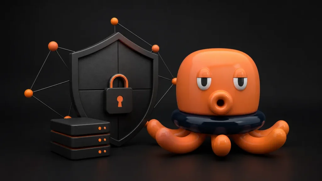 Polipetto MeKraken con scudo digitale minimal per cybersecurity PMI