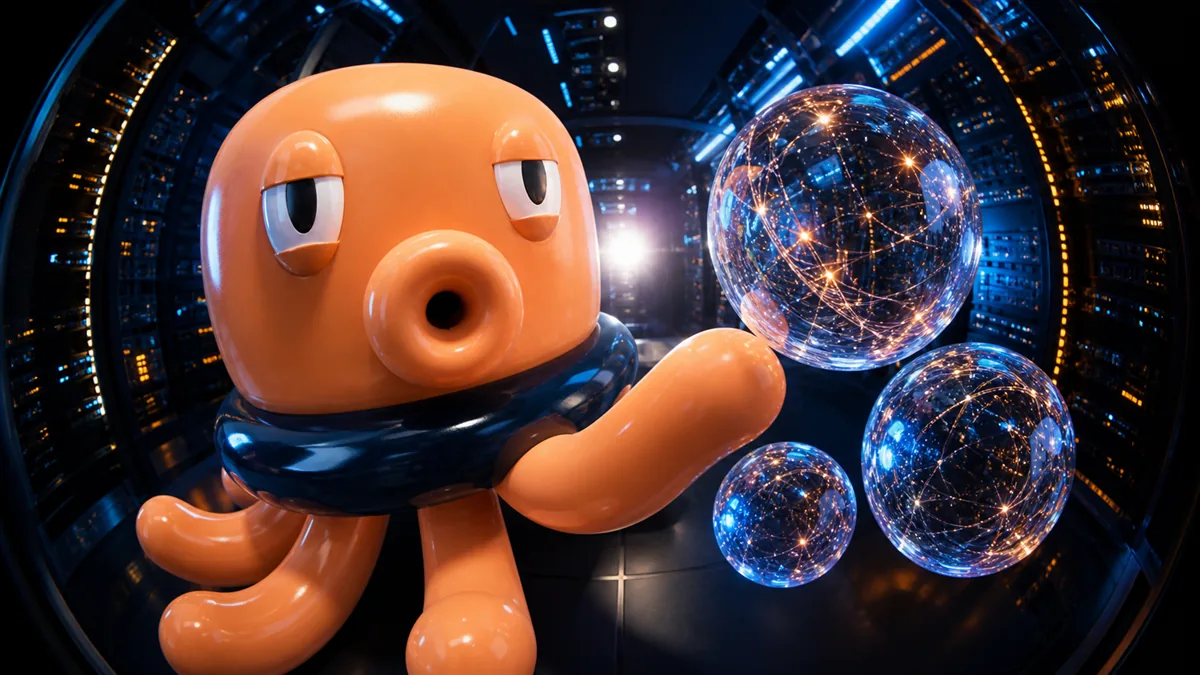 Mascotte MeKraken in un datacenter con tre sfere luminose per GPT-5.6