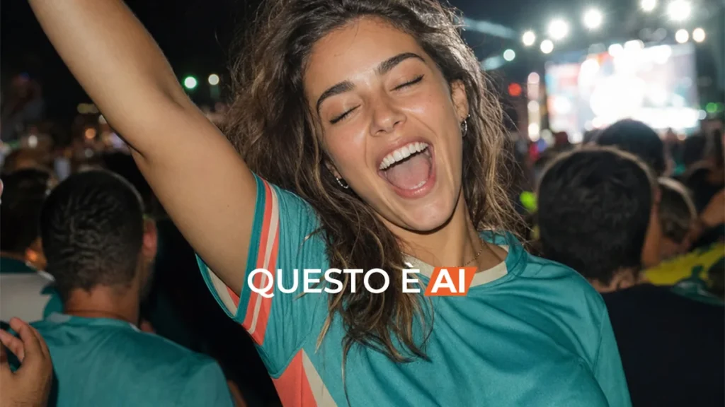 Influencer AI inventata che festeggia in una fan zone durante una partita