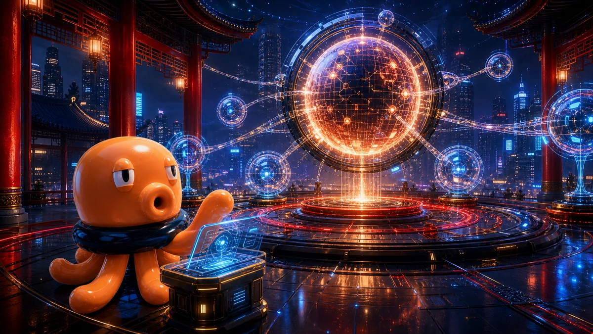 Mascotte MeKraken in un centro di ricerca cinese osserva diversi nuclei luminosi di modelli AI